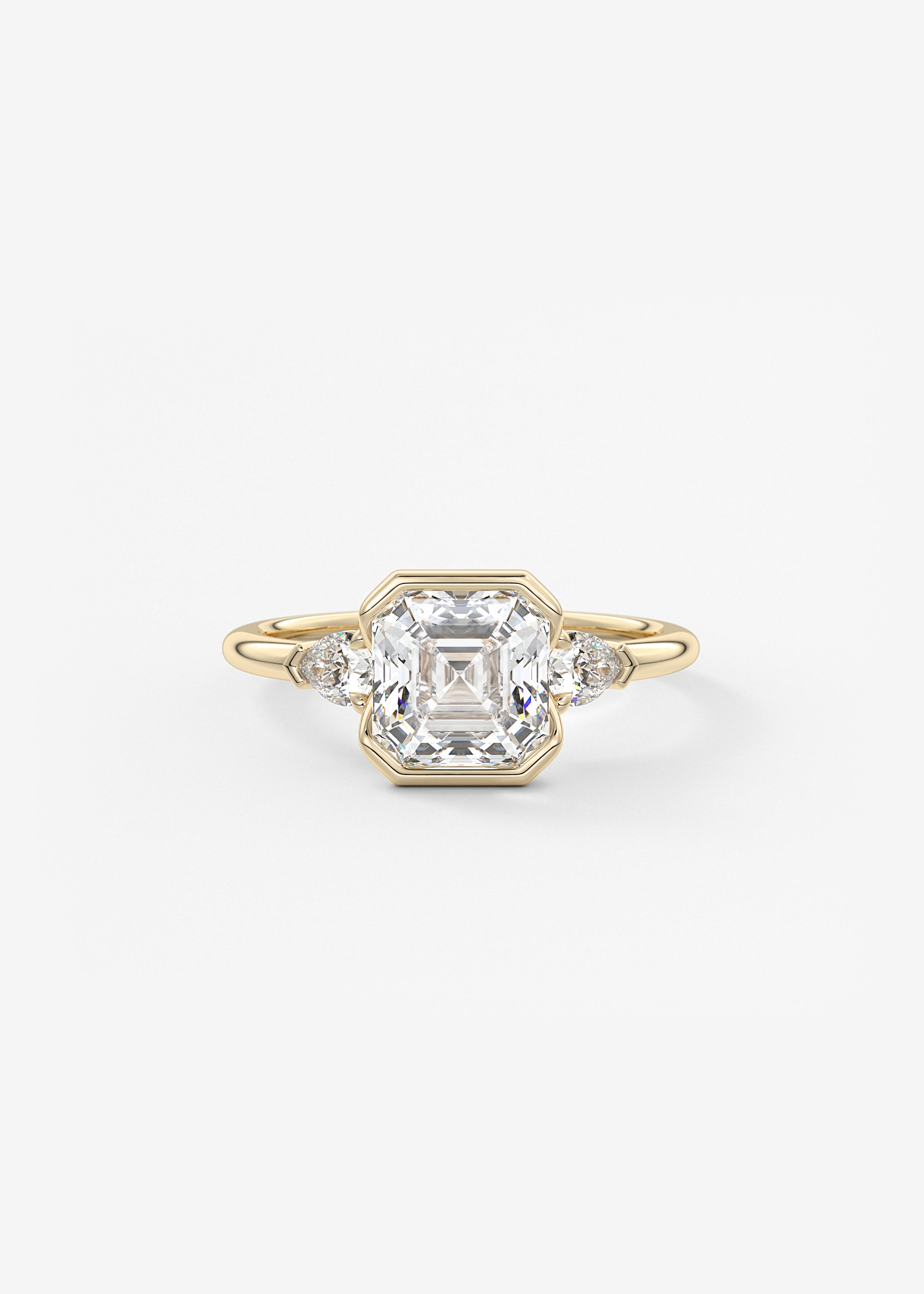 Clutch Three Stone  engagement in YG metal featuring Asscher cut with Three Stone,Half Bezel setting