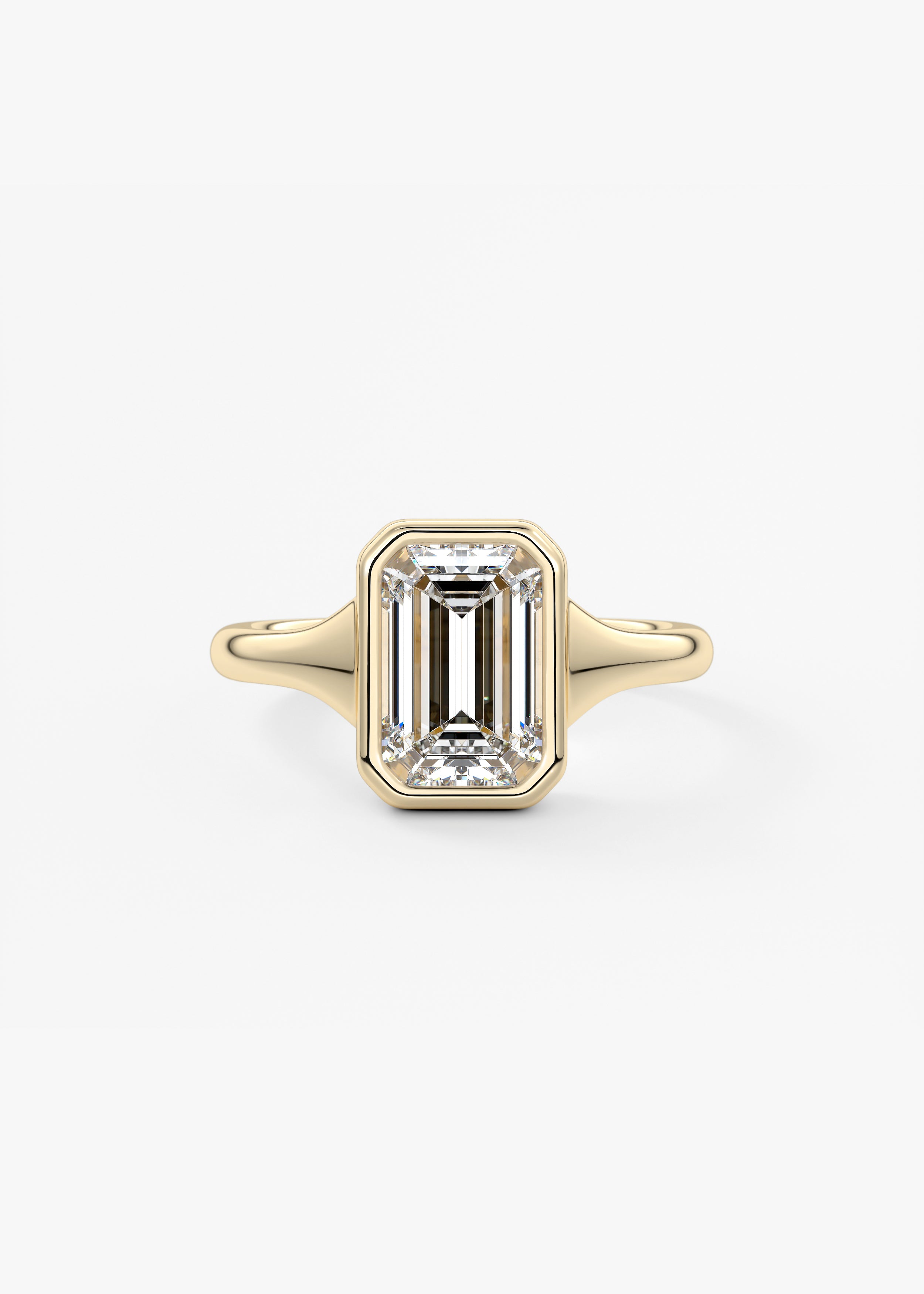 Golden Bathtub  engagement in YG metal featuring Emerald,Radiant cut with Solitaire,Bezel,Chunky setting