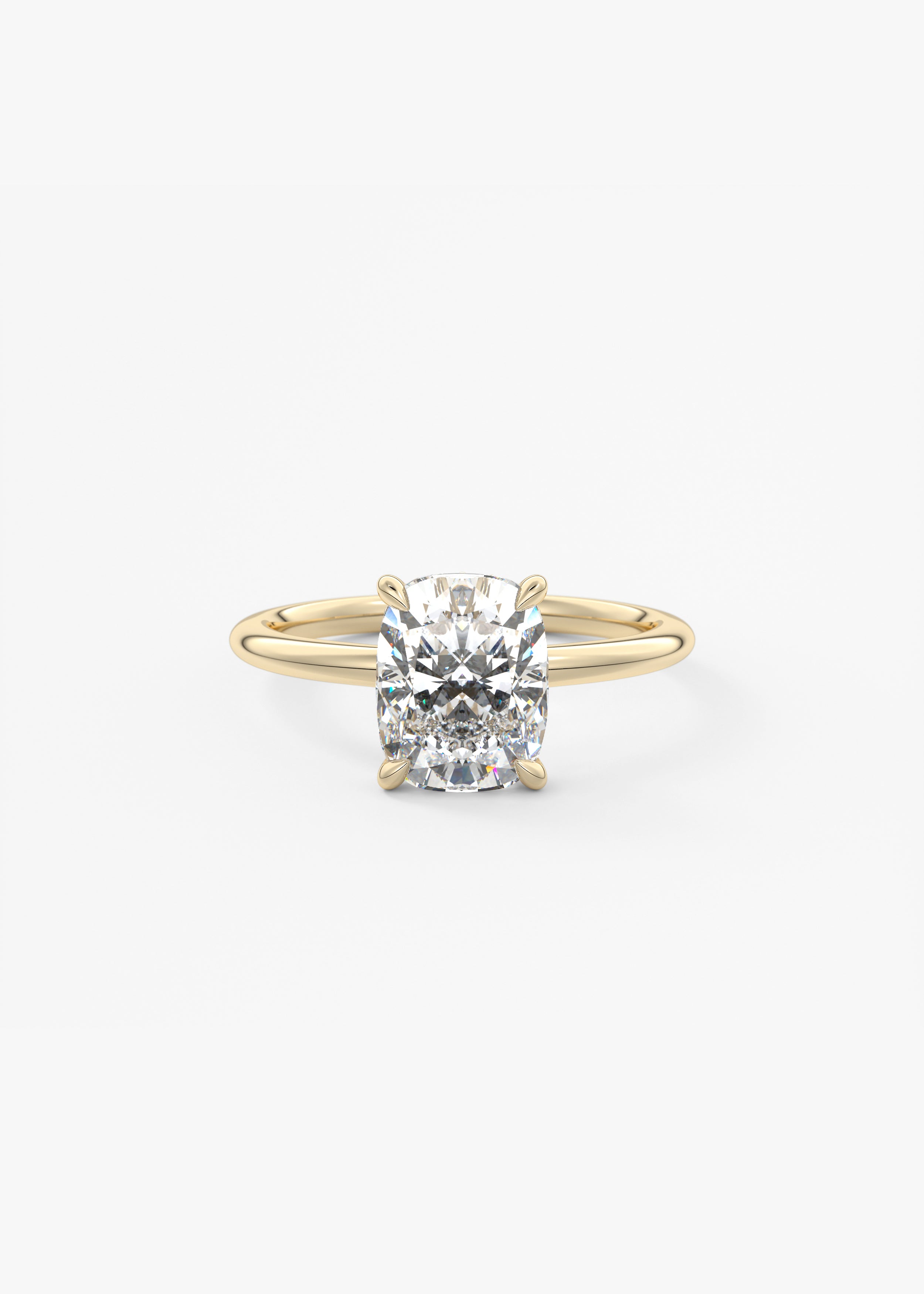 Plunge Hidden Halo engagement in YG metal featuring Cushion,Old Mine,Elongated Cushion cut with Solitaire,Prong,Hidden Halo setting