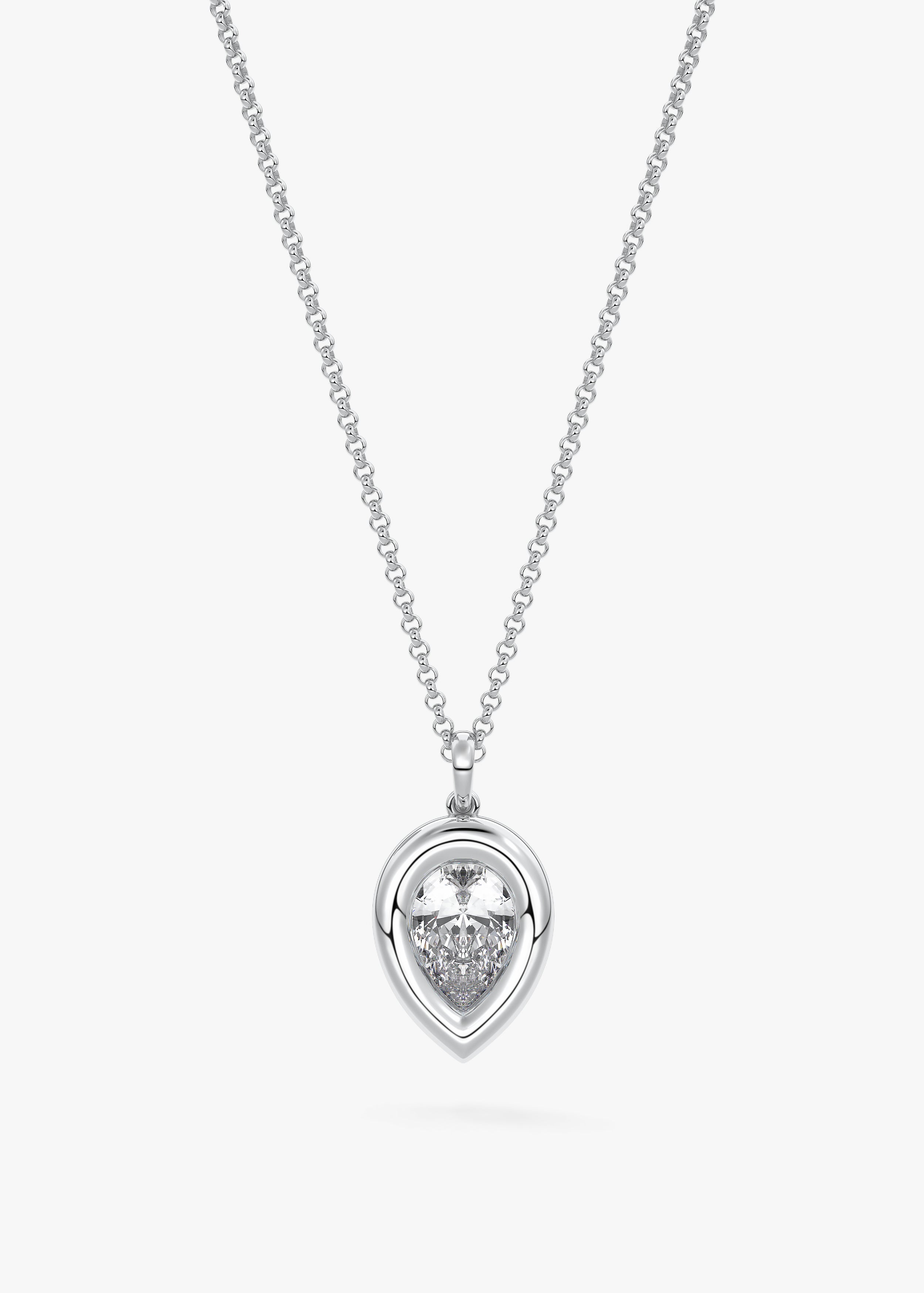 The Gumdrop  necklace in WG metal featuring Pear cut with Bezel setting