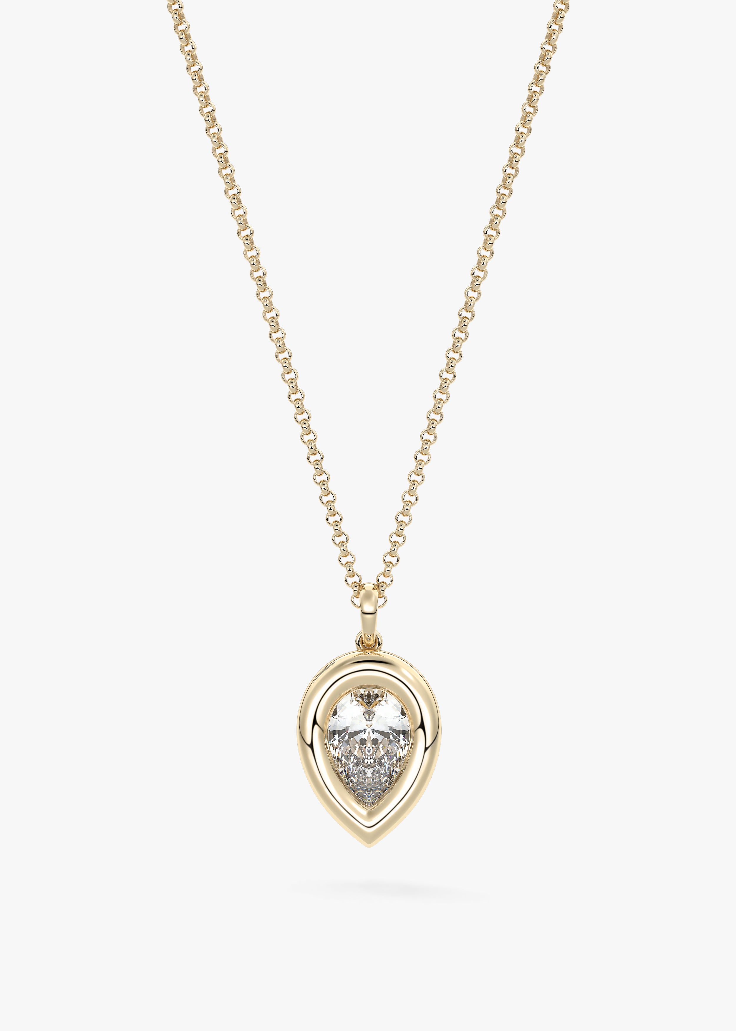 The Gumdrop necklace in YG metal featuring Pear cut with Bezel setting