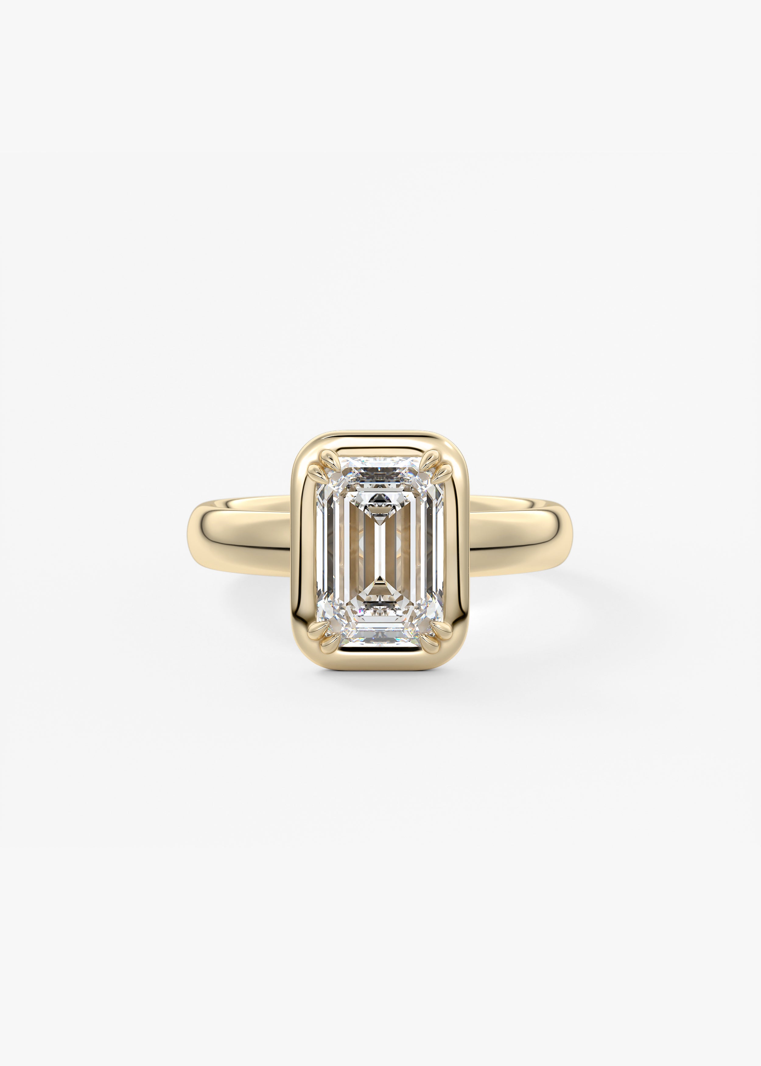 The Chiclet  engagement in YG metal featuring Emerald,Radiant cut with Solitaire,Prong setting