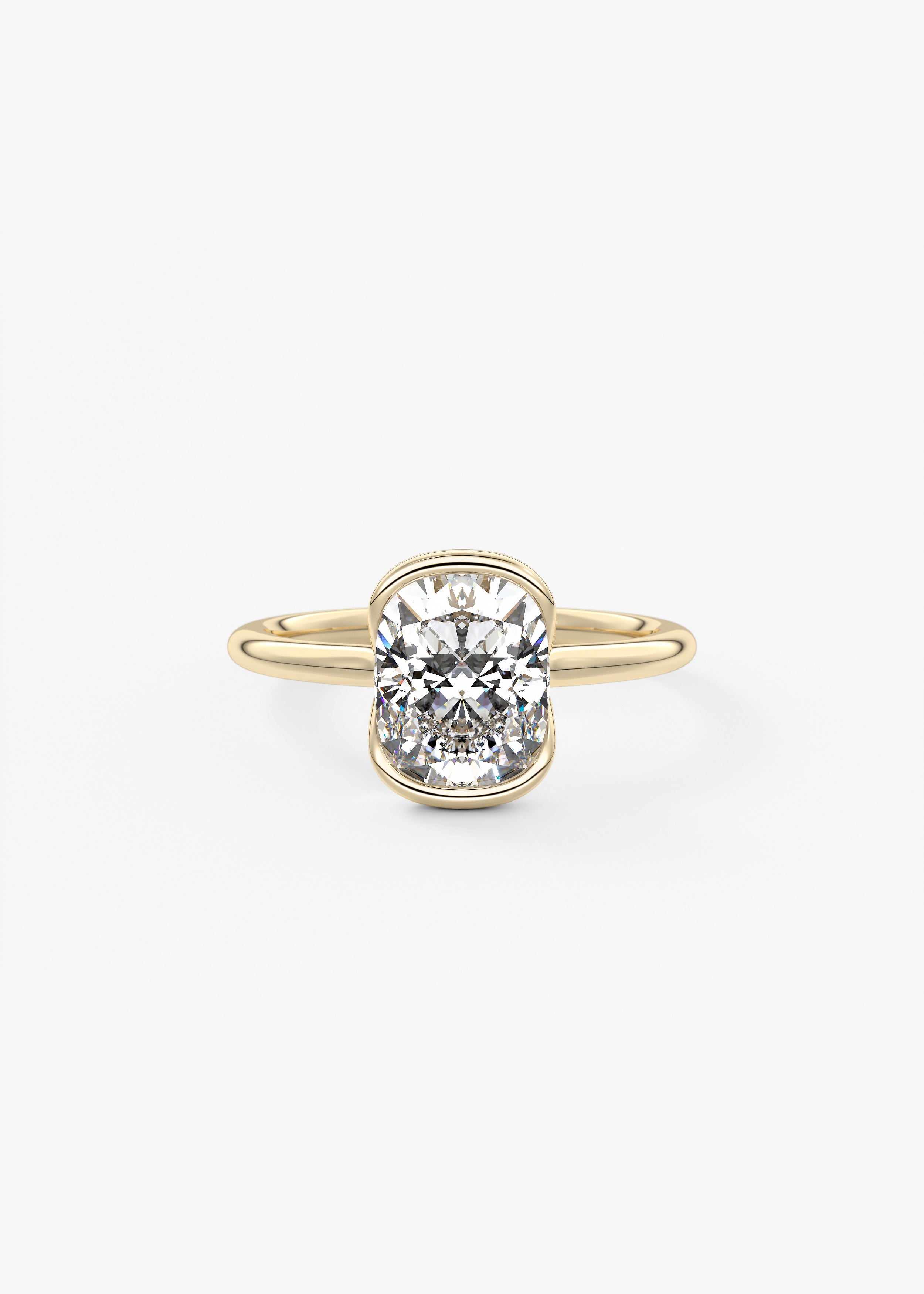 The Clutch  engagement in YG metal featuring Cushion,Old Mine,Elongated Cushion cut with Solitaire,Half Bezel,East West setting