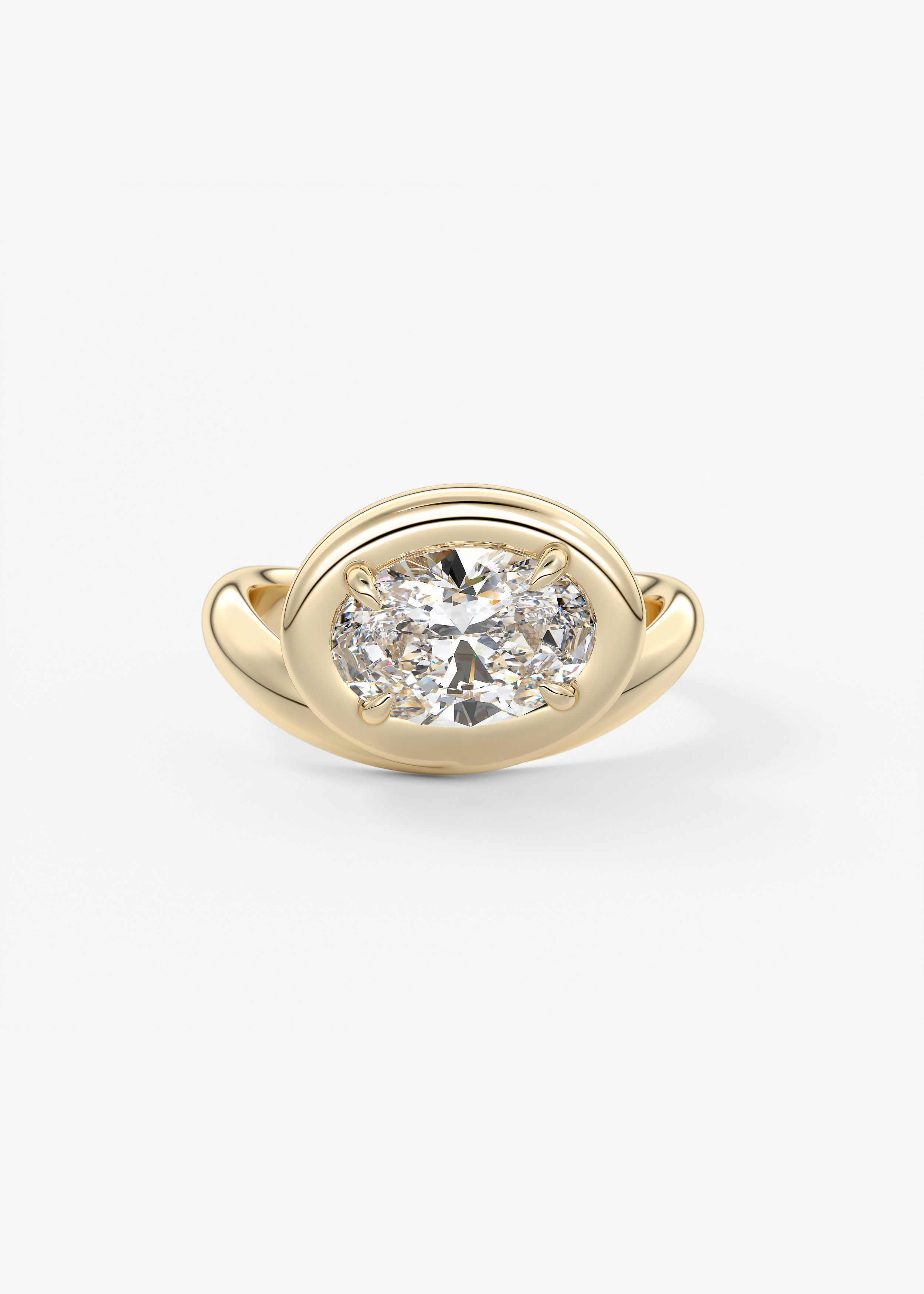 The Noodle  engagement in YG metal featuring Oval cut with Solitaire,Half Bezel,Bezel,East West,Chunky setting