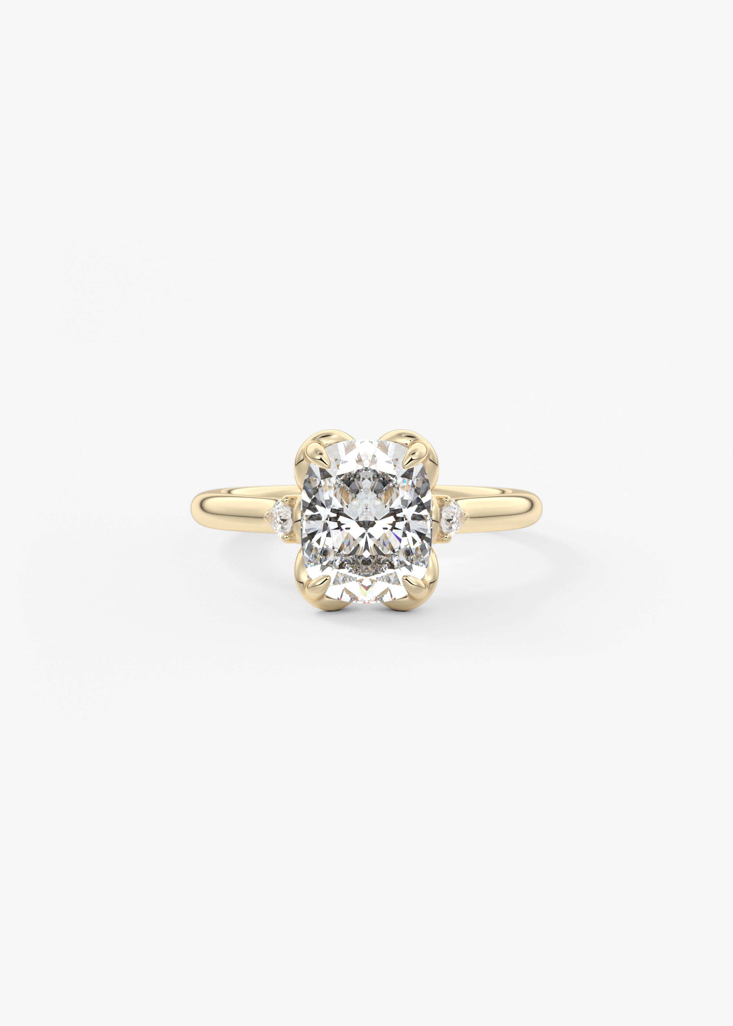 The Buttercup Bouquet engagement in YG metal featuring Cushion,Old Mine,Elongated Cushion cut with Prong,Three Stone setting