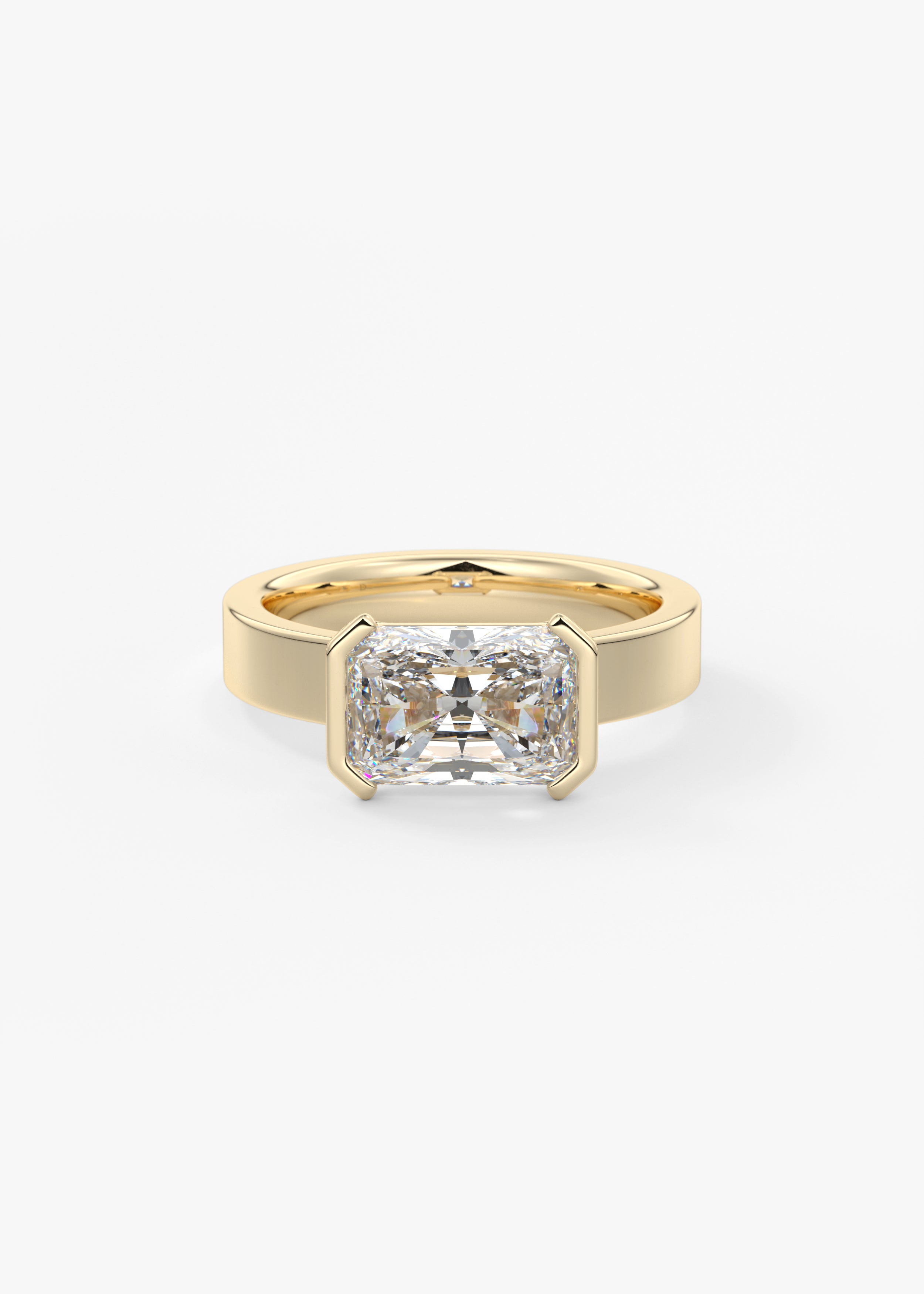 The Plutch XL  engagement in YG metal featuring Radiant cut with Solitaire,Half Bezel,East West setting