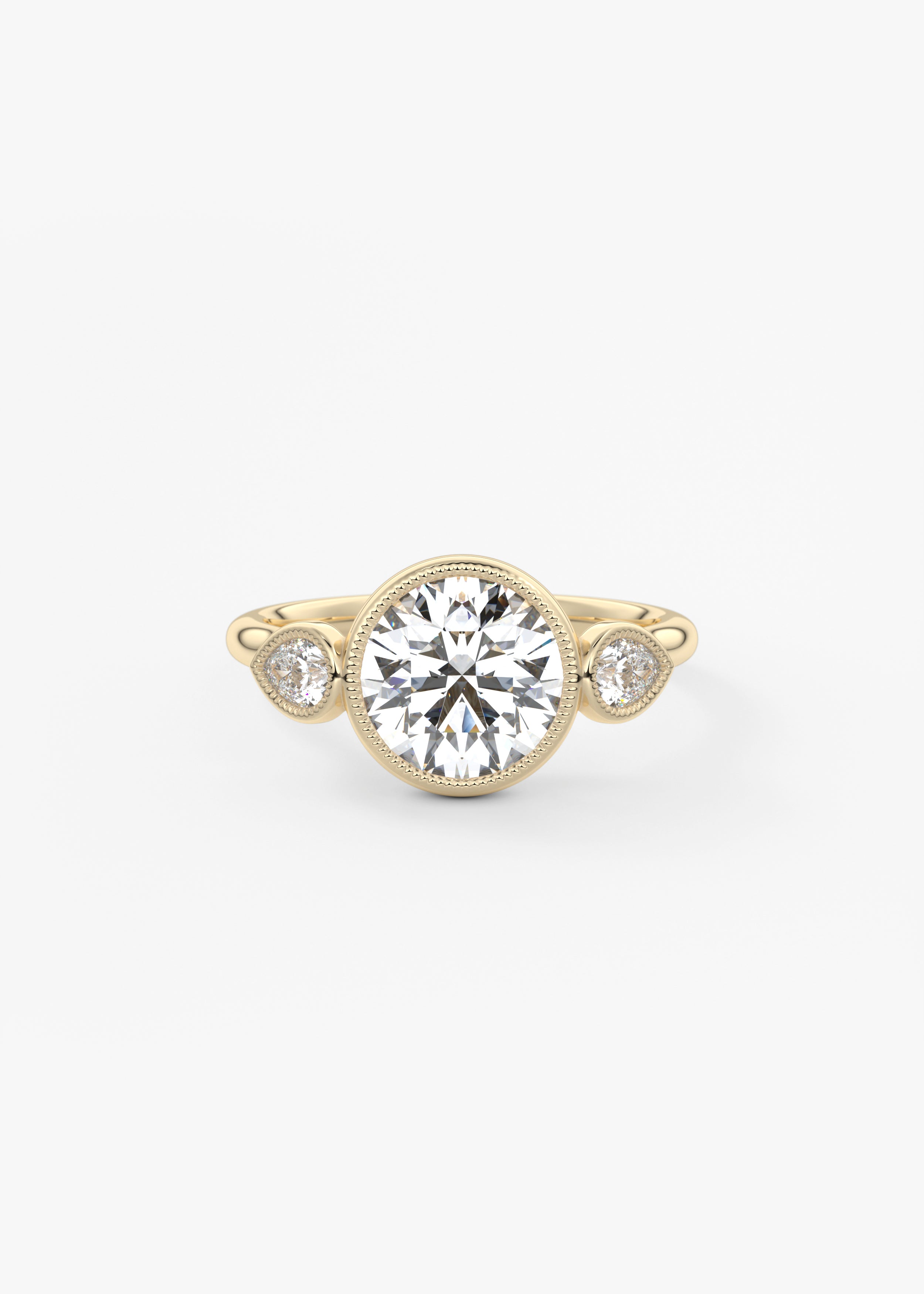 The Millie Three Stone  engagement in YG metal featuring Round,Old European cut with Three Stone,Bezel,Vintage Inspired setting