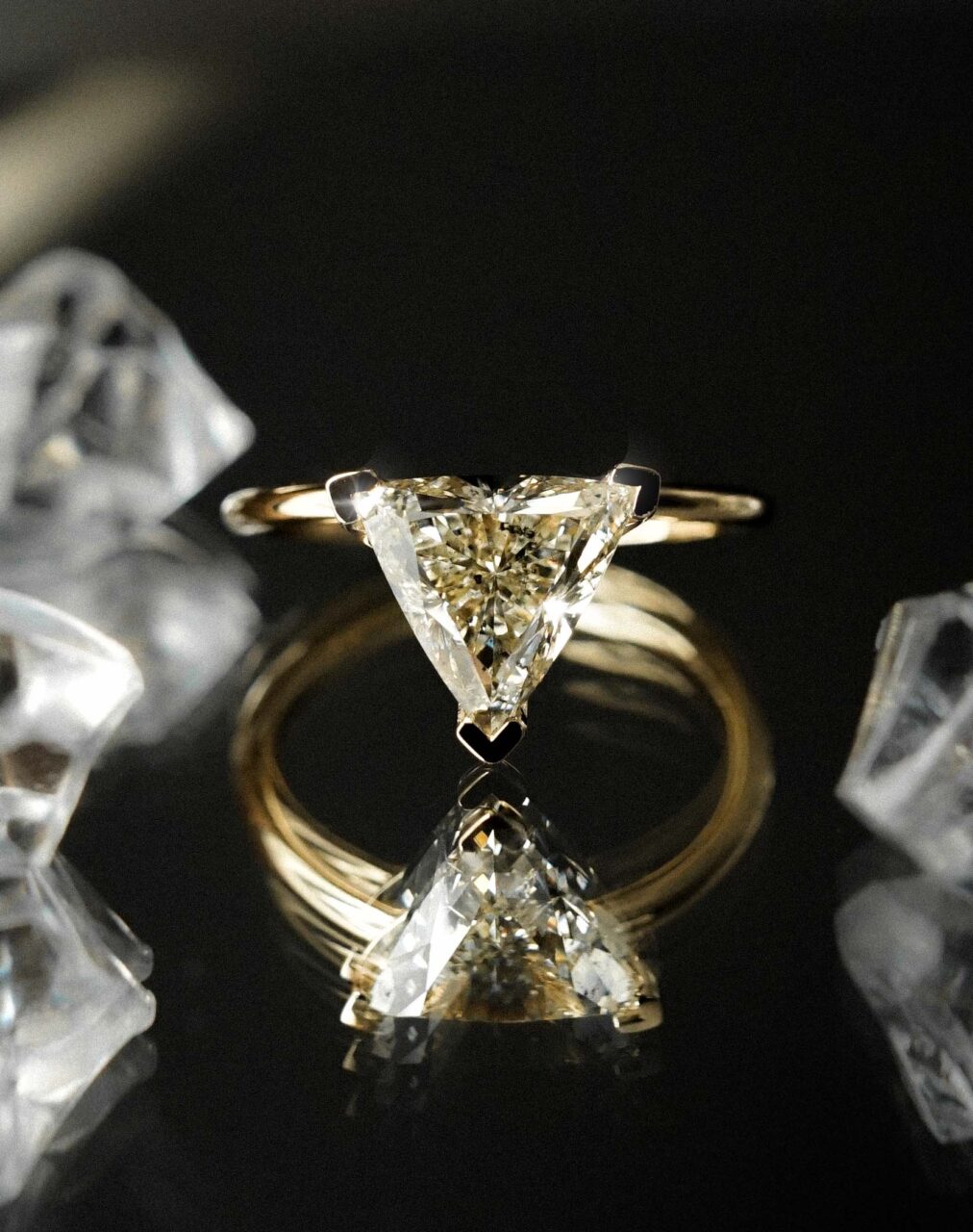A highly included, champagne, trillion cut diamond