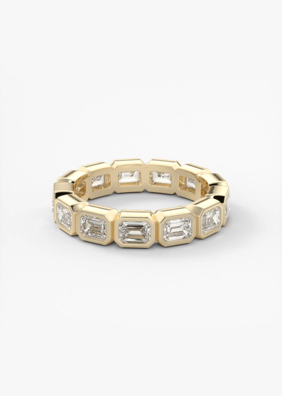 A north south, bezel set emerald cut eternity wedding band 