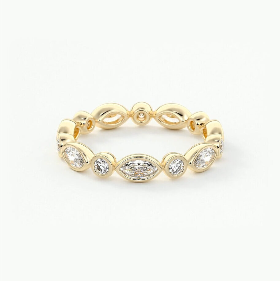 marquise and round brilliant eternity band in yellow gold 