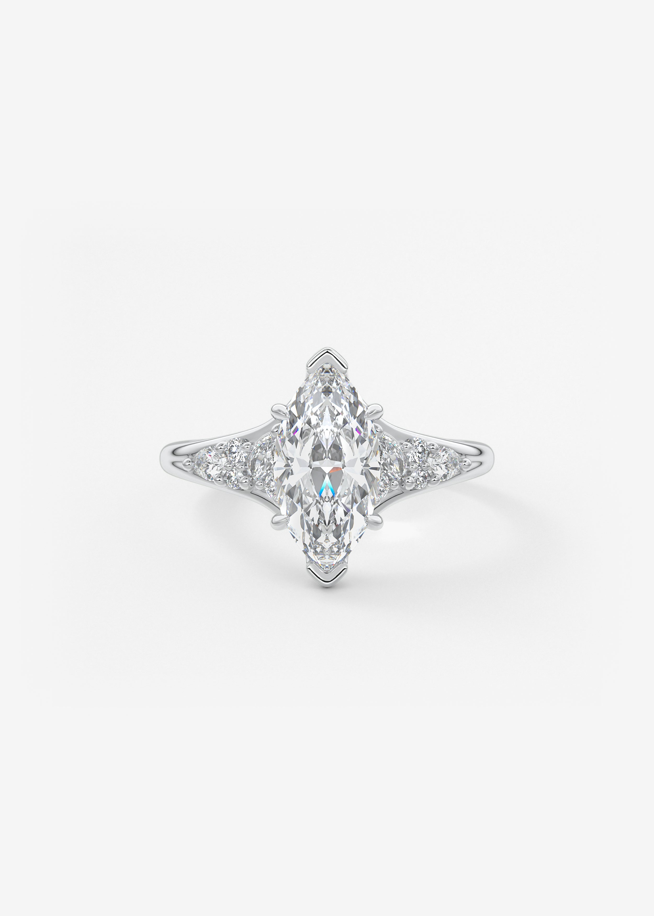 The Posie engagement in WG metal featuring Marquise cut with Cluster,Prong,Diamond Details,Vintage Inspired,Split Shank,Nature Inspired setting
